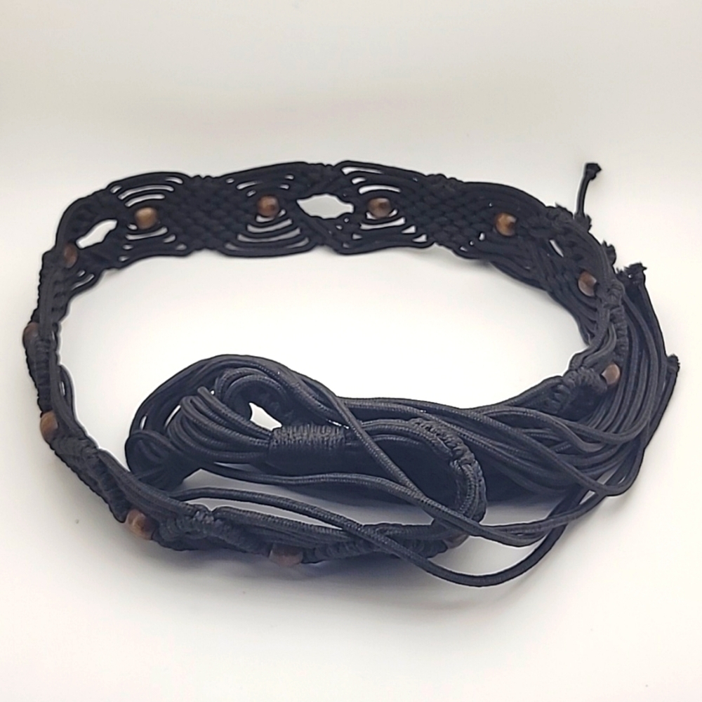 66" / XL Weave Women's Belt with Brown Wooden Beads Fringe Tie